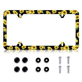 LIN KANG Sunflower License Plate Frame Yellow Sunflowers License Plate Holder Universal Stainless Steel Auto Parts Rust-Proof Waterproof Car Decorative Tag Frame for Standard US 12x6 Inch