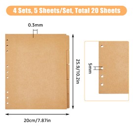 SUPERFINDINGS 20 Sheets 5-Tab Binder Dividers B5 Kraft Paper 9-Hole Binder Dividers 25.9x20cm B5 Notebook Index Dividers with Tabs Burlywood 9 Holes Ring Index Page