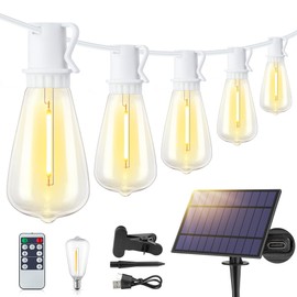 Larkvue 48FT Solar Outdoor String Lights with Remote & Timer, Shatterproof Dimmable 3 Modes Patio Lights with 15+1 ST38 LED Bulbs for Backyard-White