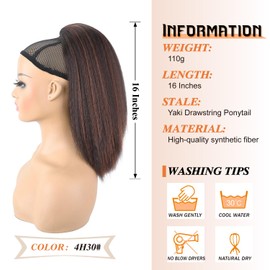 Rafabcici 16-Inch Yaki Straight Drawstring Ponytail Extension with Bangs for Black Women - Synthetic Clip-in Hairpiece for Daily Use(4H30)