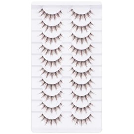 10 pares de pestañas postizas marrones estilo manga, aspecto natural, estilo anime, con tiras de pestañas finas estilo ojo de gato, con banda transparente, 6-12 mm, curvatura C, pestañas posti