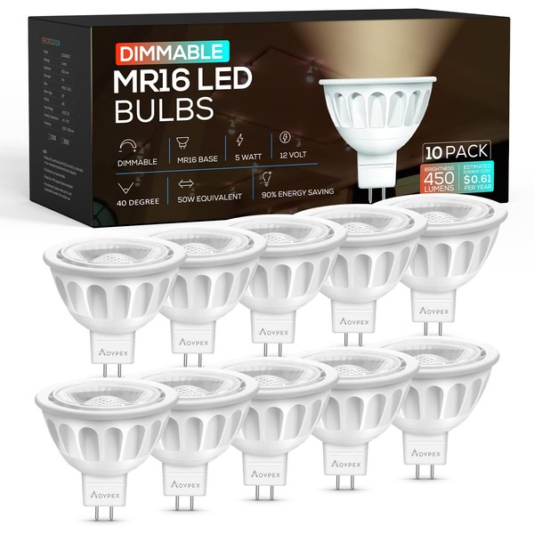 Aovpex 10 Pack Dimmable MR16 LED Bulbs, 12V 5W(50-Watt Equivalent),