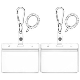 Wrist Coil ID Badge Holder with Multitool Aluminum Carabiner Clip,Stretchable Spiral Wristband Key Ring,for Lanyard Outdoor Camping Cruise (Clear Horizontal,PVC)