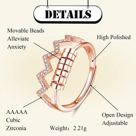 Josfeva Silver Anxiety Rings, Wave Anxiety Ring Fidget Rings, 925 Sterling Silver Anxiety Ring, Open Adjustable Anti Stress Ring Decompression Ring, Rose Gold Resizeable Ring for Anxiety Women Girls