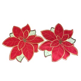 Floral Poinsettia Pair of Placemats Embroidered Flower Festive Xmas Table Linen 13" (Red)