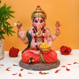BangBangDa Hindu God Ganesha Blessing Statue - 8.4”H Polystone Indian Murti Ganesh Idol Ganapati Gift for Indian Birthday Diwali Housewarming Home Temple Mandir Altar Pooja Item