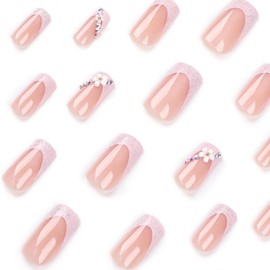 Medium Long Press on Nails Pink French Tip Fake Nails with Square Designs, White Flowers & Rhinestones Acrylic False Nails Nude Translucent Nails Press ons Cute Spring Stick on Nails for Women 24 Pcs