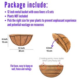 LaLaGreen Wall Hanging Planters for Plants (6 Pack, 12 Inch) Wall Mounted Flower Baskets with Coco Liner, Black Metal Iron Wire Plant Holder for Outdoor Fence Railing Outside Deck Porch Balcony Garden