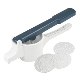 FACKELMANN Spaetzle Press #easyprepare, Cortoffo Press with 3 Interchangeable Perforated Discs, Press with 4 Different Support Hooks, High Quality Potato Masher (Colour: White/Blue-Grey), 1 x 4 Pieces