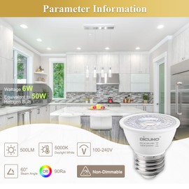 DiCUNO E27 LED Bulb 6 W, Cool White 6000 K, MR16 LED Headlight, 500 LM in 60° Beam Angle, Replaces 50 W Halogen Spotlight, PAR16 Short LED Spotlight, 90Ra, No Flickering, Not Dimmable, 230 V, Set of 6