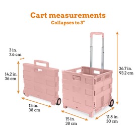 Inspired Living Ultra-Slim Rolling Collapsible Storage Pack-N-Roll Utility-carts, with Telescopic Handle, for Home, Garden, Shopping, Office, School use, Medium, Raspberry Pink