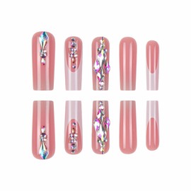 BABALAL Press on Nails Long Square Fake Nails White French Tip False Nails Pink Acrylic Nails Supplies Full Cover Artificial Nails with Luxury Rhinestone Charm Bling Manicure Squoval Nail Decoration