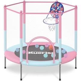 Trampoline 55IN 6FT for Indoor Outdoor Play Basketball Hoop Attachment with Enclosure Net Easy to Assemble - Color: Blue / Pink, Size: 55IN