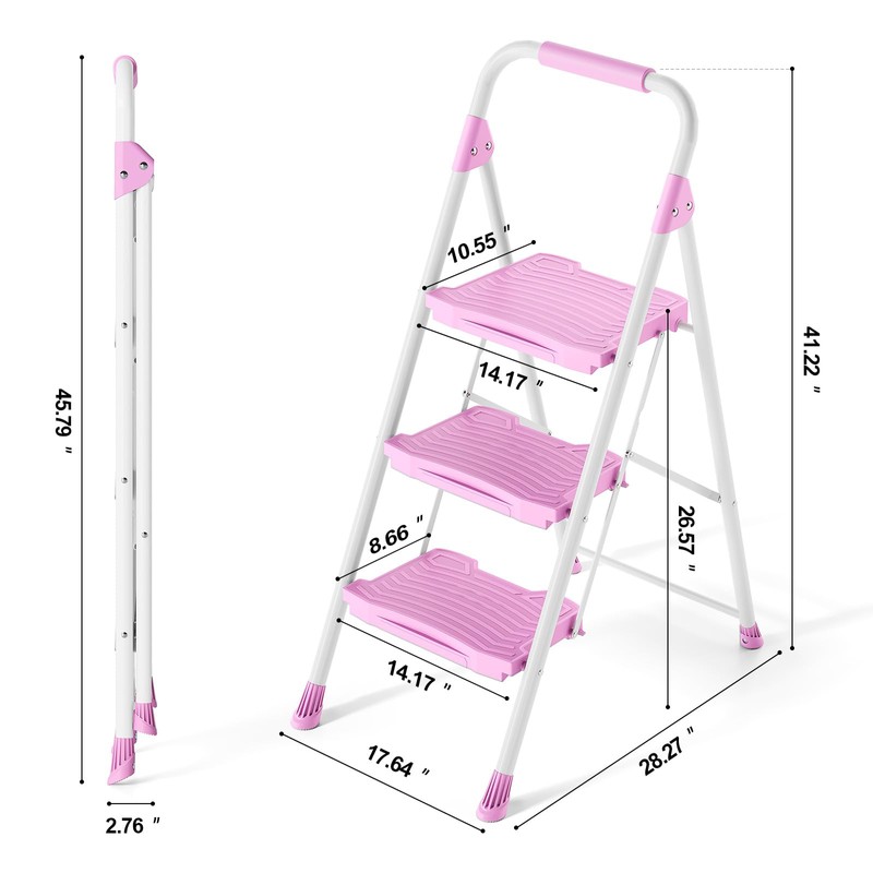 KINGRACK 3 Step Ladder, Sturdy Step Stool with Handrail, Anti-Slip