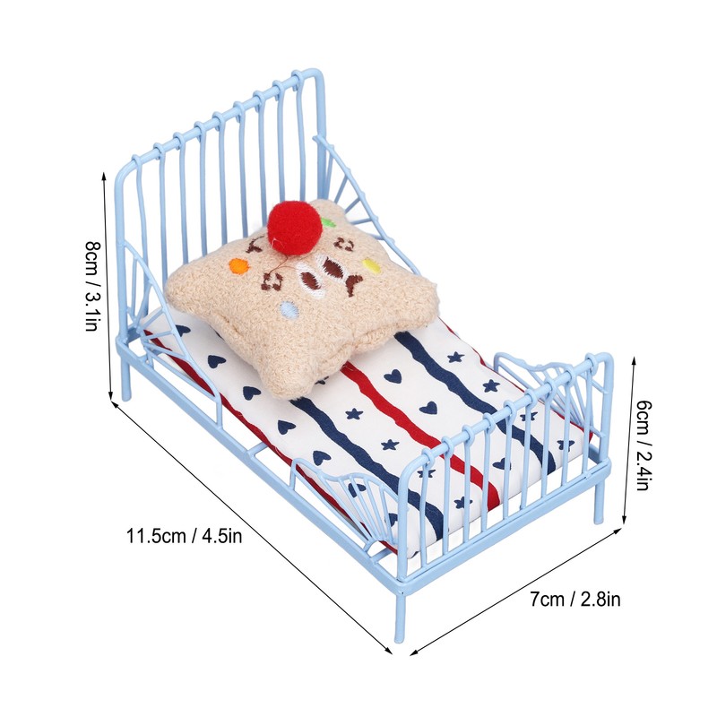1:12 Miniature Bed Metal Structure Cute Pattern Sponge Cloth Mattress