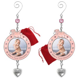2023 Baby Girl's First Christmas Photo Ornament - Dated Xmas Picture Frame Decoration for Newborn Daughter - Baby's 1st Keepsake - Gift/Storage Bag Included - Set of 2