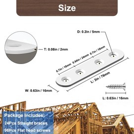 24 Pack Flat Bracket White Straight Brace 3 Inch Stainless Steel Mending Plates, Heavy Duty Repair Fixing Joining Metal Strip for DIY, Wood, Furniture, with Screws