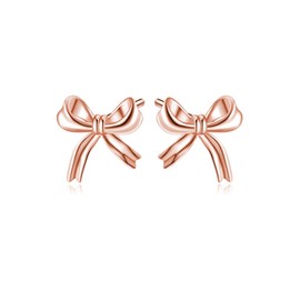 Reffeer Solid 925 Sterling Silver Bow Stud Earrings for Women Teen Small Ribbon Stud Earrings Bowknot (C-Rose Gold)