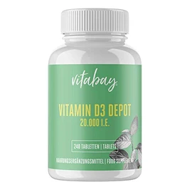 Vitabay Vitamin D3 Depot 20.000 I.E â¢ 240 vegane Tabletten â¢ Hochdosiert â¢ BioverfÃ¼gbar â¢ Hergestellt aus Flechten â¢ Sichere & kontrollierte Herstellung â¢ Made in Germany