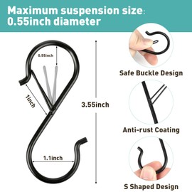 12 Pcs S Hooks Hanging Safety Buckle, 3.5 Inch Stainless-Steel Heavy-Duty S Hooks, Kitchen Pot Rack Hooks, Closet Hooks for Hanging Kitchen Utensil, Pots and Pans, Clothes, Plants, Towels, Bags