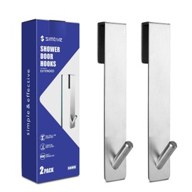 Simtive Ganchos extendidos (7 pulgadas) para puerta de ducha de vidrio sin marco, ganchos para toallas, paquete de 2, color plateado