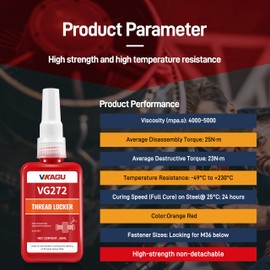 VIKAGU 272 Thread Lock, Orange High Strength Threadlocker,Anaerobic Curing Screw Glue for Bolts, Nuts, Screws | Resists Vibration, Heat & Chemicals1.69Oz/50ml