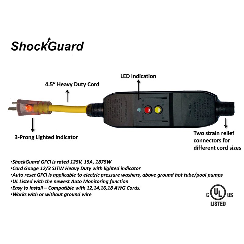 ShockGuard GFCI Replacement Inline User Attachable 3-Prongs for Pressure Washer,