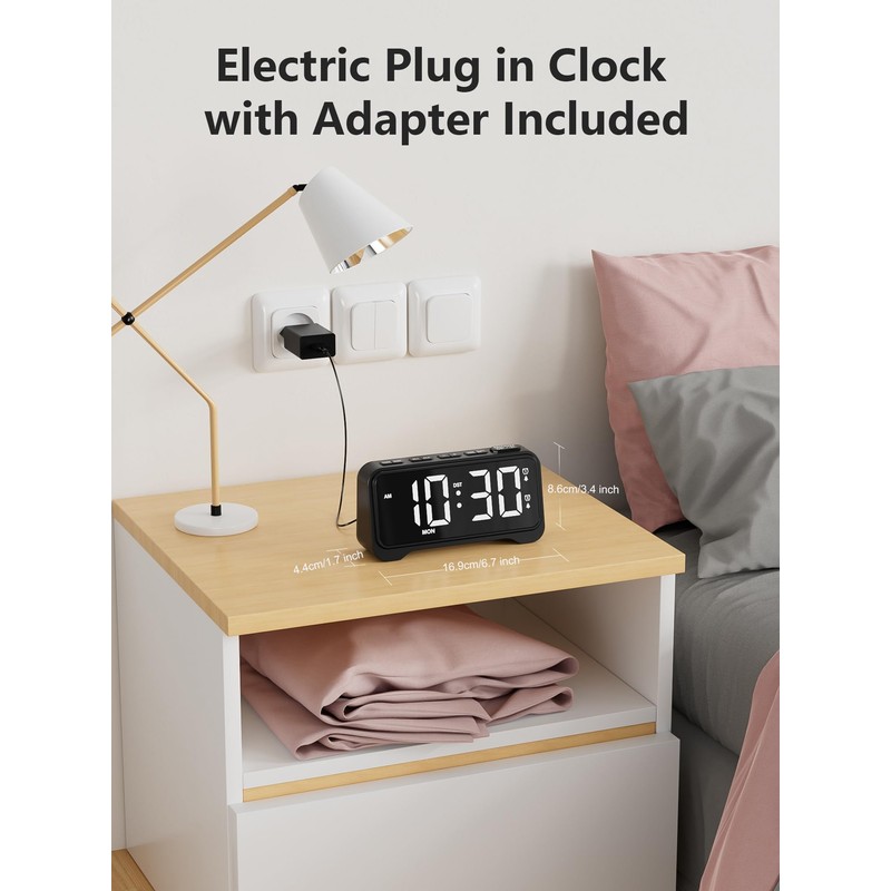 Mesqool Digital Bedside Clock - White LED Alarm Clock for