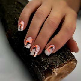 Medium Press on Nails,Coffin Shape Fake Nails,Glossy Full Cover Reusable Stick on Nails,Artificial Acrylic Square False Nails with Wavy Stripe Design,Natural Fit Glue on Nails for Women Girls 24Pcs