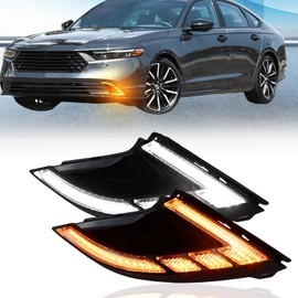 GEEGEETOP Switchback White/Amber LED Front Bumper Fog Daytime Running Lamp Flash LED Turn Signal Feature Compatible With Honda Accord 2023 2024 LX EX Sport Hybrid Functions 3-In-1 Kit (FRONT FOG)