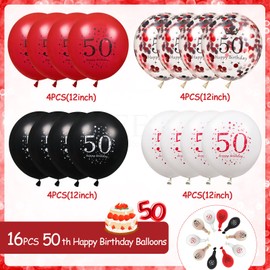 50th Birthday Balloons, 16Pcs Red Black Happy 50th Birthday Balloons, Red Black 50th Birthday Party Decorations Balloons for Women Men 50th Birthday Decoration Supplies