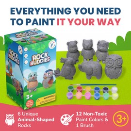 Rock Buddies - DIY Resin Shaped Stone Like Material Animal Figures - Ideal Arts and Crafts for Kids 3-12 Yrs old - Complete Kids Painting Crafts with 6 Projects, Paint, & Brush - Children's Activities