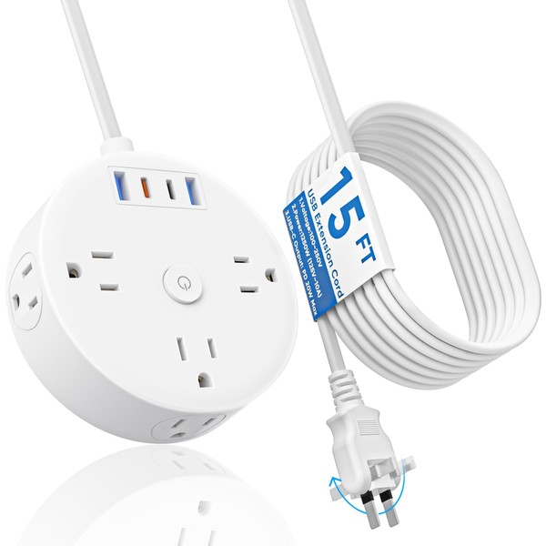 15FT PD20W 2 Prong Power Strip, Fast Charging Surge Protector,