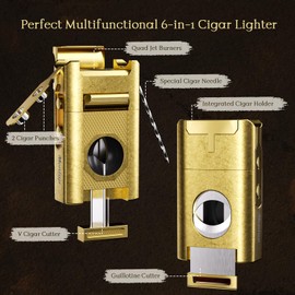 6-in-1 Cigar Torch Lighter, with Straight&V Cigar Cutter, 2 Cigar Punches, Cigar Draw Enhancer, Cigar Holder, Quad Flame Windproof Butane Lighter, Multifunctional Cigar Accessories, Gifts for Men