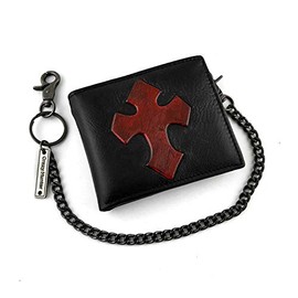 Men's Genuine Leather Black Card/Money Gothic Cross Wallet with Chain (short)