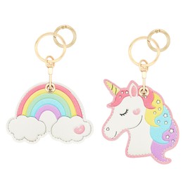 XEEWEN 2 Pack for Airtag Cute Keychain Holder for Women, Kawaii Leather Unicorn Rainbow Key Ring Hidden Case Cover