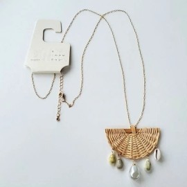 A New Day Long Gold Tone Beige Wicker Fan Charm w Dangling Faux Stone Necklace