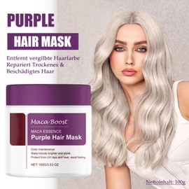 Maca Purple Haarmaske, Violette Haarmasken für Blondes/Blondiertes/Graues Haar, Purple Hair Mask Maca Essenz Kollagen Neutralisiert Gelbstich & Repariert Haarschäden, Tief Befeuchtend Haarcreme