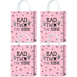 16 Pieces Bad Two The Bone 2nd Birthday Party Favors Bags,Bone Skull Second Birthday Gift Snacks Treat Candy Party Favors Bags with Handles for Girls
