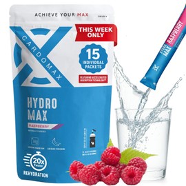 CardoMax Hydromax Electrolyte Drink Mix – Raspberry 15 Liquid Packets with Potassium & Magnesium – Zero Sugar, Keto & Vegan Electrolytes for Rapid Hydration & Recovery Supplement