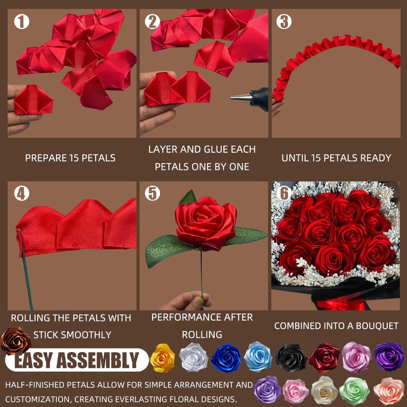 LatinaFlorista 300Pcs Premade Satin Ribbon Rose Petals Half-Finished for Eternal