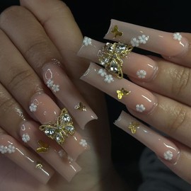 Butterfly Press on Nails Long Square Fake Nails with Butterfly Nail Charms Design Full Cover False Glossy Nude Glue on Artificial Stick on Nails Daily Wear Nails for Women and Girls 24Pcs