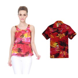 Matching Mother Son Hawaiian Luau Outfit Tank Top and Shirt in Sunset Red Women XL Boy 10