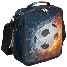 Soccer Kids Lunch Box Flame Soccer Insulated Lunch Bag for Boys Girls Reusable Food Container Tote Cooler Warm Pouch for School work Office Beach