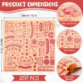 Ireer 200 Pcs Deli Paper Sheets, 15 x 15 Inches Food Word Text Greaseproof Liners Square Newspaper Wrapping Paper Sandwich Wrappers for Food Sandwich Basket Burger Bread BBQ Picnic (Brown Red)