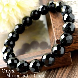 GOLD STONE Men's Women's Onyx Bracelet Black Agate Natural Stone Power Stone 64 Side Cut 0.4 inch (10 mm) Inner Circumference Approx. 6.1 inches (15.5 cm)