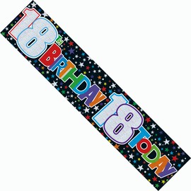 Happy 18th Birthday Party Banner Age 18 Decoration Garland Black With Rainbow Stars Male Female Recyclable Eco Friendly Holographic Shiny Sparkly Party Banner