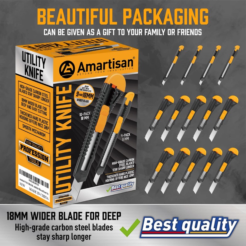 Amartisan 14-Piece Retractable Box Cutter, Utility Knifes for Boxes, Cartons,