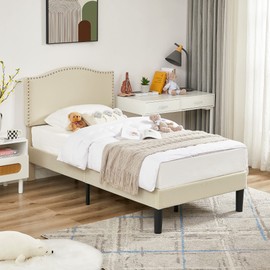 VECELO Twin Bed Frame Platform Bed Frame with Upholstered Headboard, Strong Frame and Wooden Slats Support, Strong Weight Capacity, Non-Slip and Noise-Free, Easy Assembly,Beige