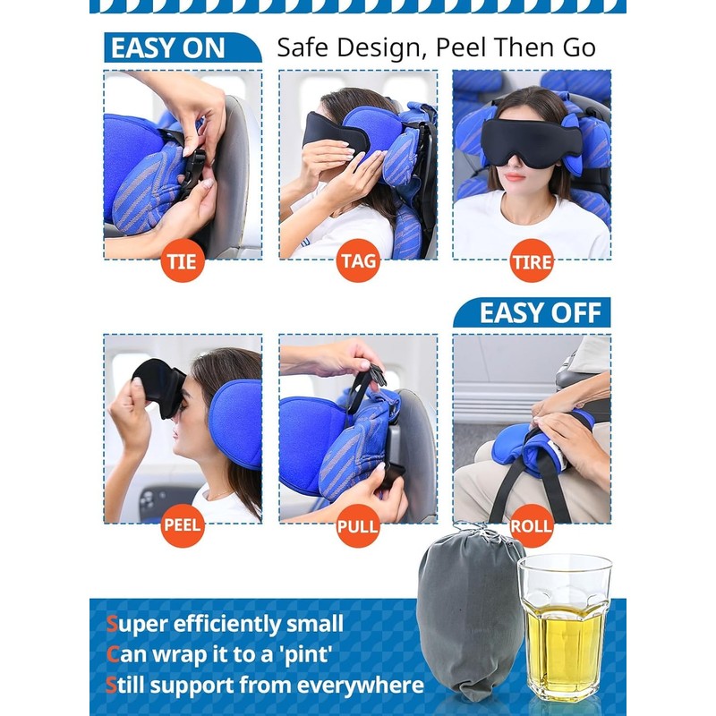 Travel Pillows for Airplanes with Sleep Eye Mask, Chin Strap,